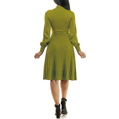 Women's Nina Leonard Balloon Sleeve Pleated Midi Sweater Dress