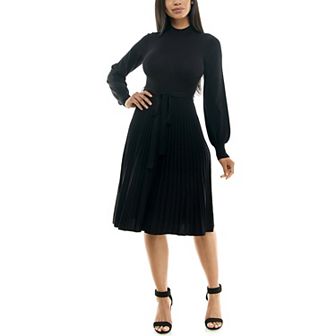 Women's Nina Leonard Balloon Sleeve Pleated Midi Sweater Dress