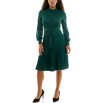 Women's Nina Leonard Balloon Sleeve Pleated Midi Sweater Dress