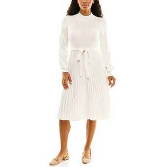 Women's Nina Leonard Balloon Sleeve Pleated Midi Sweater Dress
