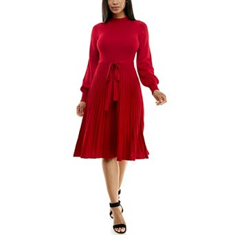 Women's Nina Leonard Balloon Sleeve Pleated Midi Sweater Dress