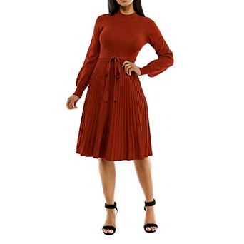 Women's Nina Leonard Balloon Sleeve Pleated Midi Sweater Dress