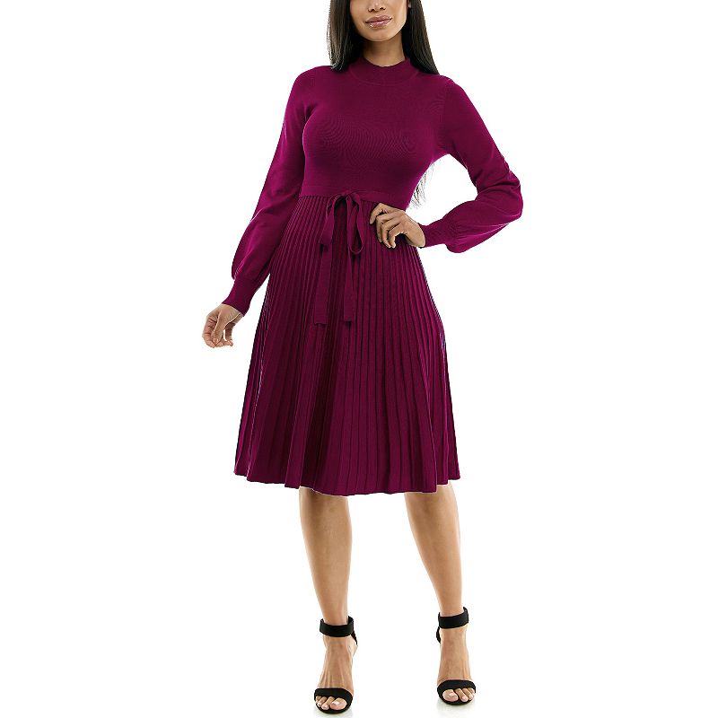 Women's Nina Leonard Balloon Sleeve Pleated Midi Sweater Dress