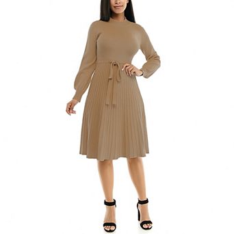 Women's Nina Leonard Balloon Sleeve Pleated Midi Sweater Dress