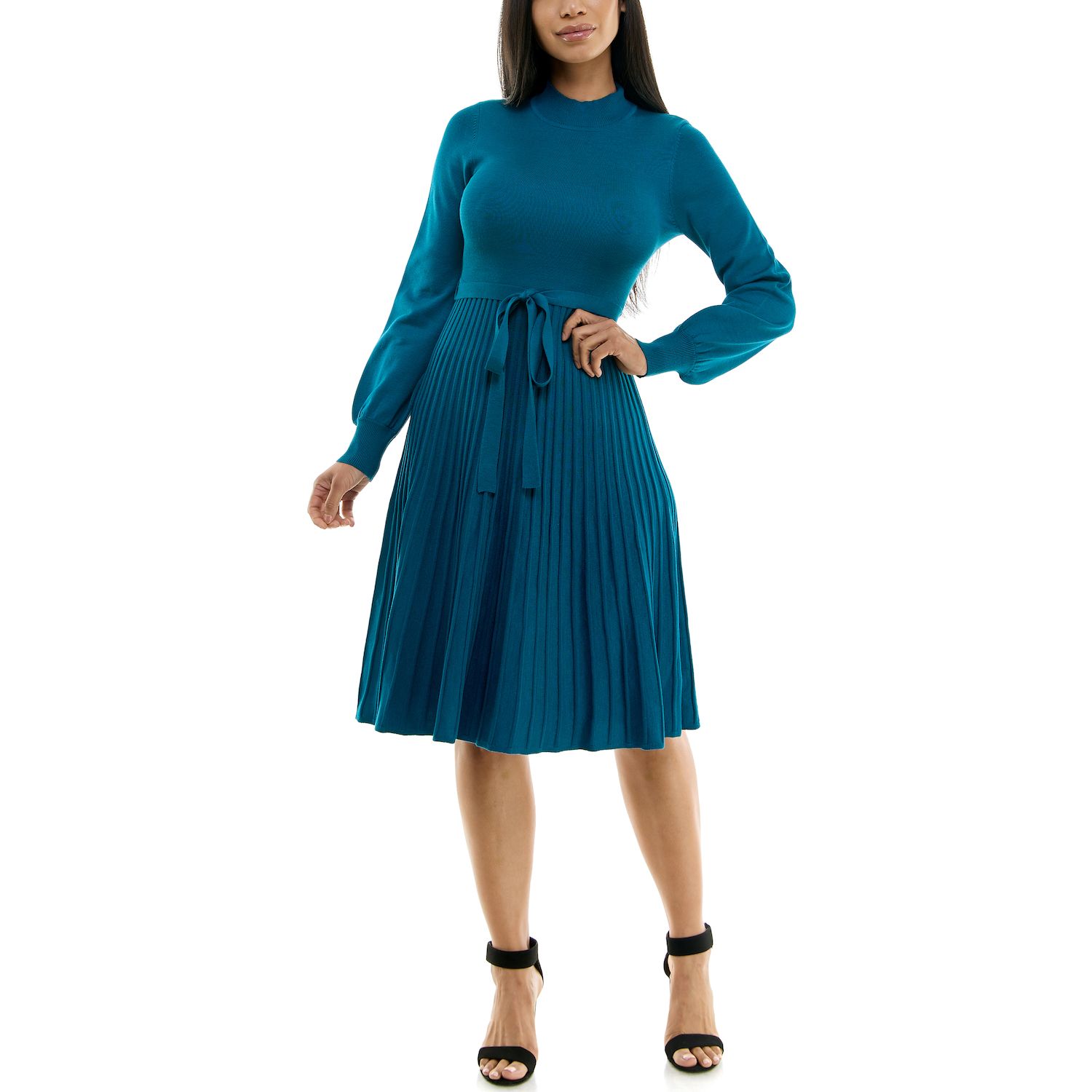 Women's Nina Leonard Balloon Sleeve Pleated Midi Sweater Dress