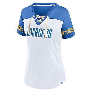 Women's Fanatics Branded White Los Angeles Chargers Dueling Slant V-Neck Lace-Up T-Shirt