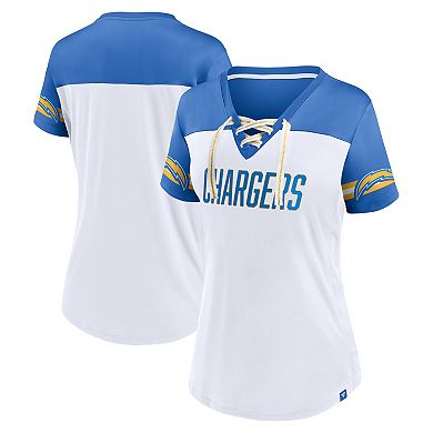 Women's Fanatics Branded White Los Angeles Chargers Dueling Slant V-Neck Lace-Up T-Shirt