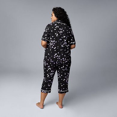 Plus Size Simply Vera Vera Wang Cozy Short Sleeve Notch Collar Pajama Top & Pajama Capris Set