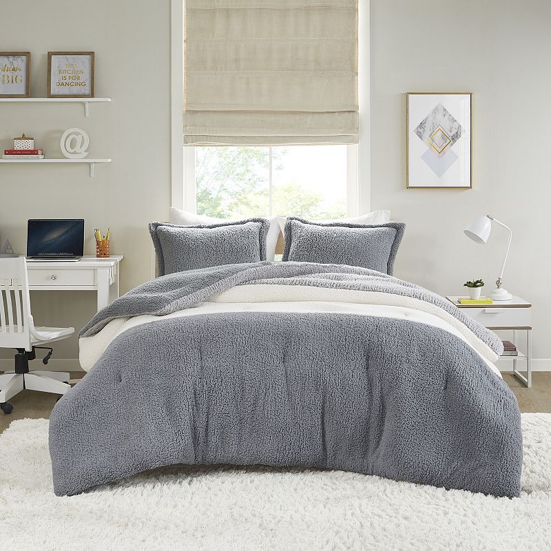 Intelligent Design Arlow Color Block Overfilled Sherpa Comforter Set, Grey,