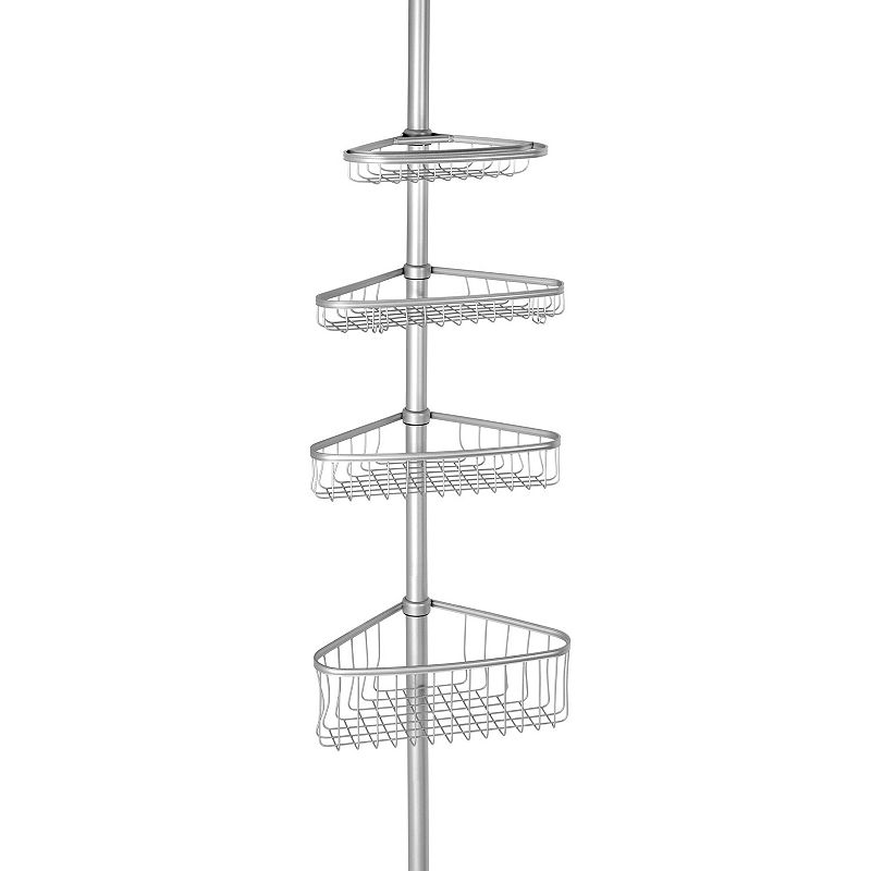 iDesign Silver 4-Shelf Extendable Tension Steel Shower Caddy  8  x 11  x 108  - Features 2 Hanging Hooks and a Towel Rack  Extends from 5  - 9