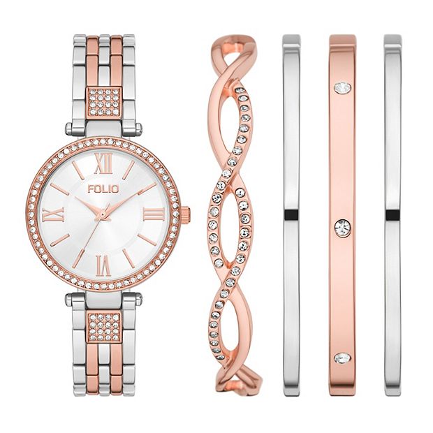 Folio Women s Silver and Rose Gold Tone Watch Bracelet Stackable Set