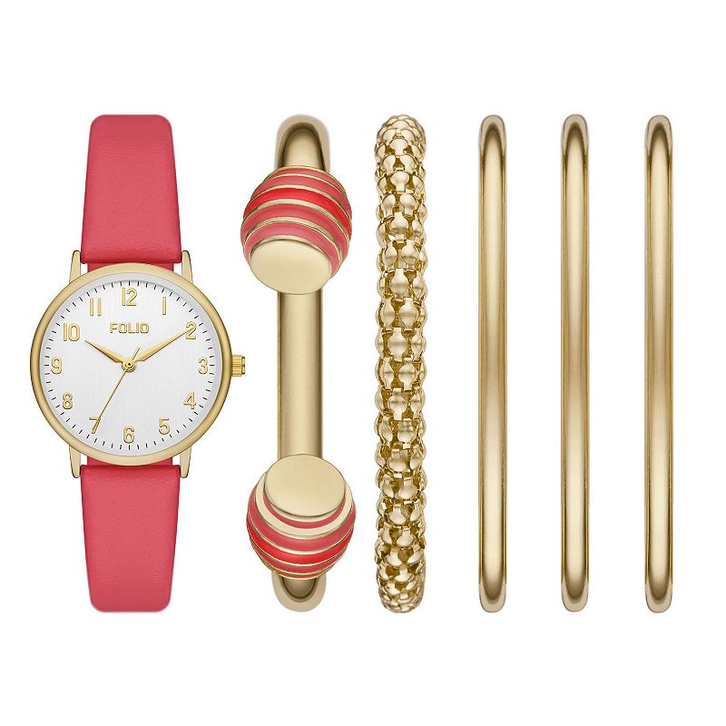 Folio Women's Pink Strap Watch & Stackable Bracelet Set, Size: Medium