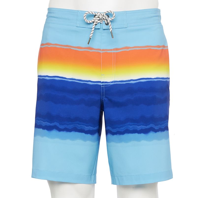 a blue orange and stripe swim trunks