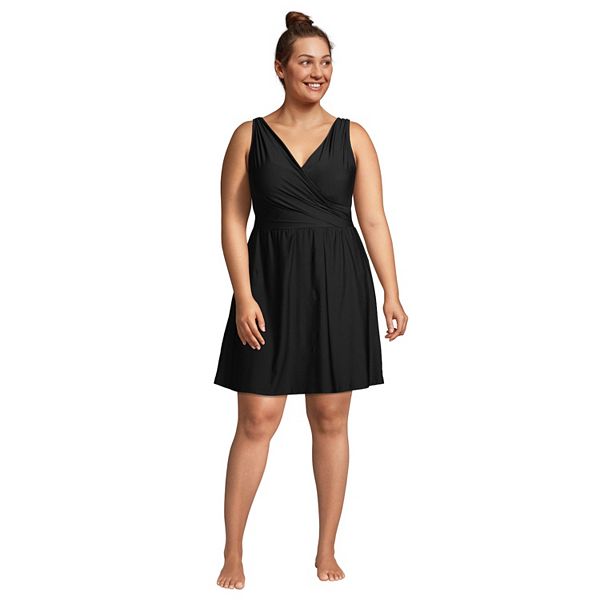 Women's Lands' End D-Cup UPF 50 Tummy Control Surplice One-Piece Swim Dress