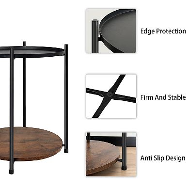 21 inch Tall Black Top End Table with Iron Removable Tray