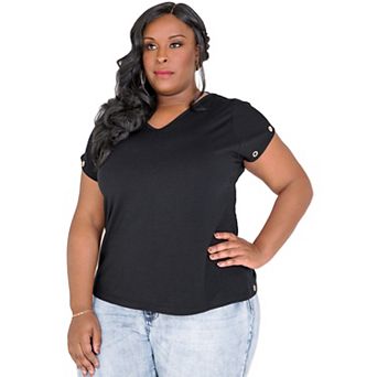 Plus Size Kira Black V-Back Cut Out T-Shirt With Gold Grommets