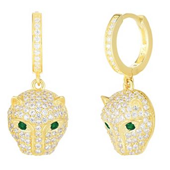 Sunkissed Sterling 14k Gold over Silver CZ Panther Charm Huggie Earrings