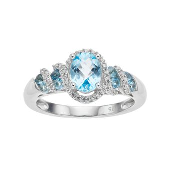 Sterling Silver Blue Topaz & Lab-Created White Sapphire Oval Halo Ring - Size: 7