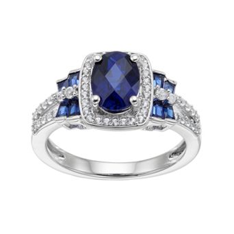 MASTERPIECE Sterling Silver Lab-Created Blue & White Sapphire Halo Ring - Size: 7