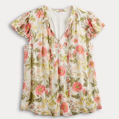 Petite LC Lauren Conrad Tie-Front Ruffle V-Neck Shell