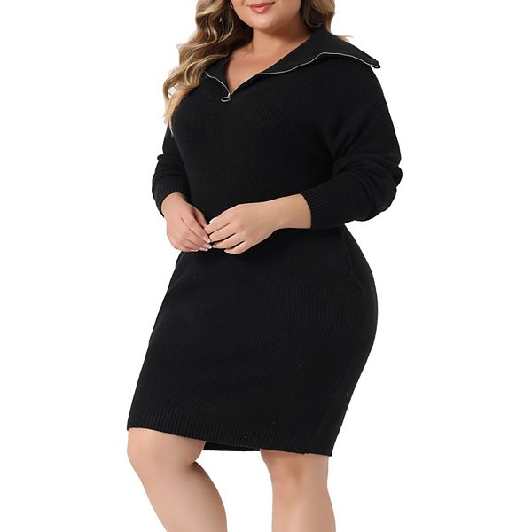 Plus Size Sweater Dress for Women Knit Long Sleeve Zipper Collar Pullover Short Sweater Dresses