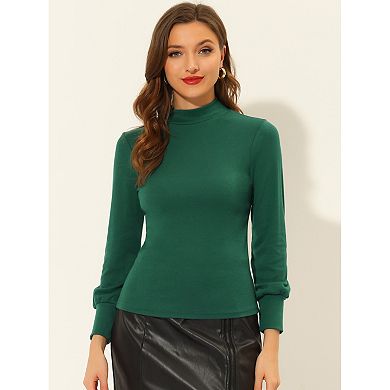 Women's Turtle Neck Long Lantern Sleeve Slim Fit Plain Blouse