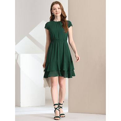 Women's Crew Neck Cap Sleeve A-line Layered Ruffled Mid-length Dress