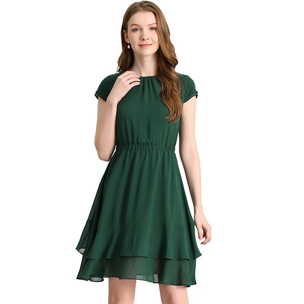 V-neck Cap Sleeve A-Line Tiered Ruffles Long Dress Steel Grey