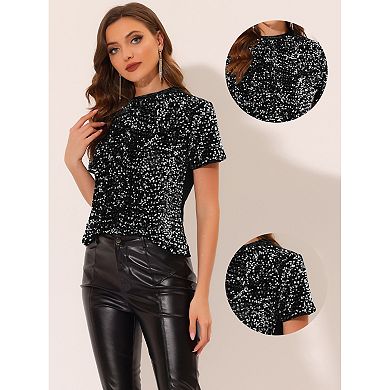 Women's Velvet Crew Neck Short Sleeve Clubwear Sequin Blouse