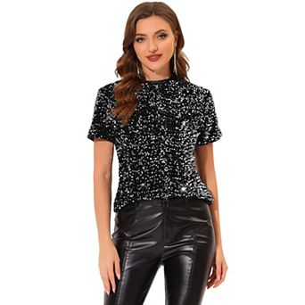 Women's Velvet Crew Neck Short Sleeve Clubwear Sequin Blouse