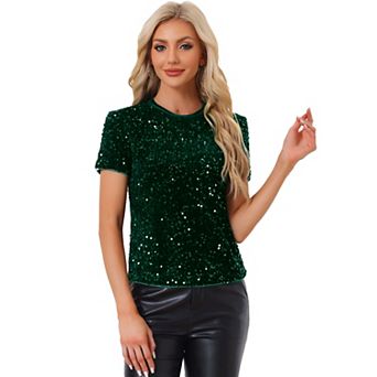 Women's Velvet Crew Neck Short Sleeve Clubwear Sequin Blouse