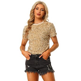 Women's Velvet Crew Neck Short Sleeve Clubwear Sequin Blouse