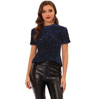 Women's Velvet Crew Neck Short Sleeve Clubwear Sequin Blouse