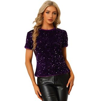 Women's Velvet Crew Neck Short Sleeve Clubwear Sequin Blouse