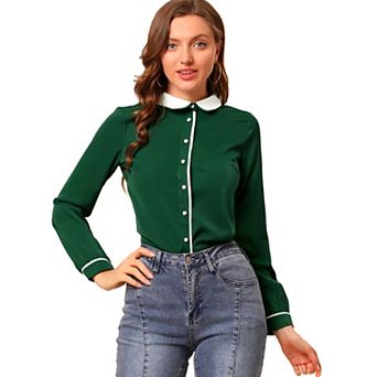 Women's Button Down Shirt Long Sleeve Work Peter Pan Collar Blouse Tops