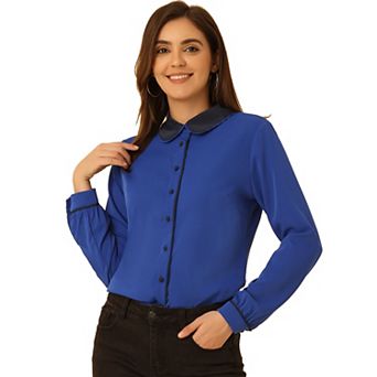 Women's Button Down Shirt Long Sleeve Work Peter Pan Collar Blouse Tops