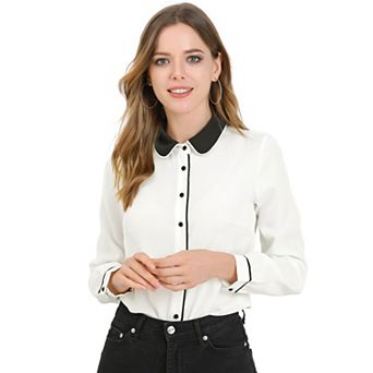 Women's Button Down Shirt Long Sleeve Work Peter Pan Collar Blouse Tops