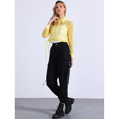 Women's See Through Top Long Sleeve Drawstring Hem Button Down Cropped Sheer Jacket