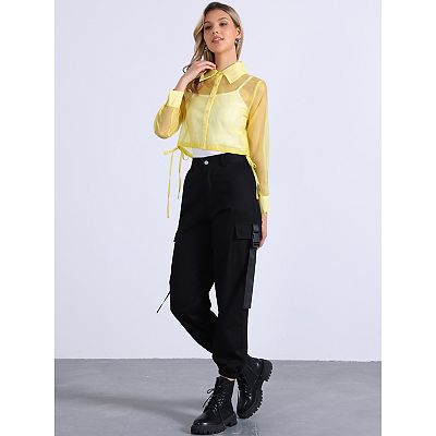 Women's See Through Top Long Sleeve Drawstring Hem Button Down