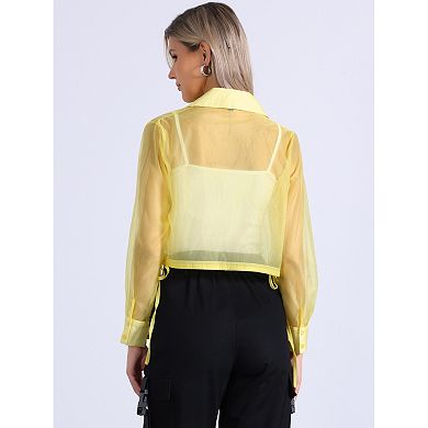 Women's See Through Top Long Sleeve Drawstring Hem Button Down Cropped Sheer Jacket