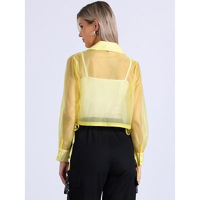 Women's See Through Top Long Sleeve Drawstring Hem Button Down
