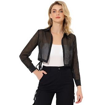 Women's See Through Top Long Sleeve Drawstring Hem Button Down Cropped Sheer Jacket