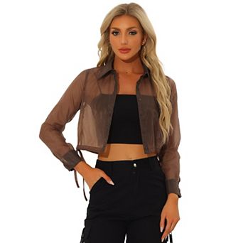 Women's See Through Top Long Sleeve Drawstring Hem Button Down Cropped Sheer Jacket