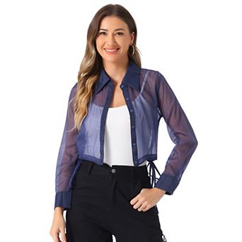 Women's See Through Top Long Sleeve Drawstring Hem Button Down Cropped Sheer Jacket