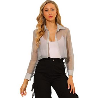 Women's See Through Top Long Sleeve Drawstring Hem Button Down Cropped Sheer Jacket