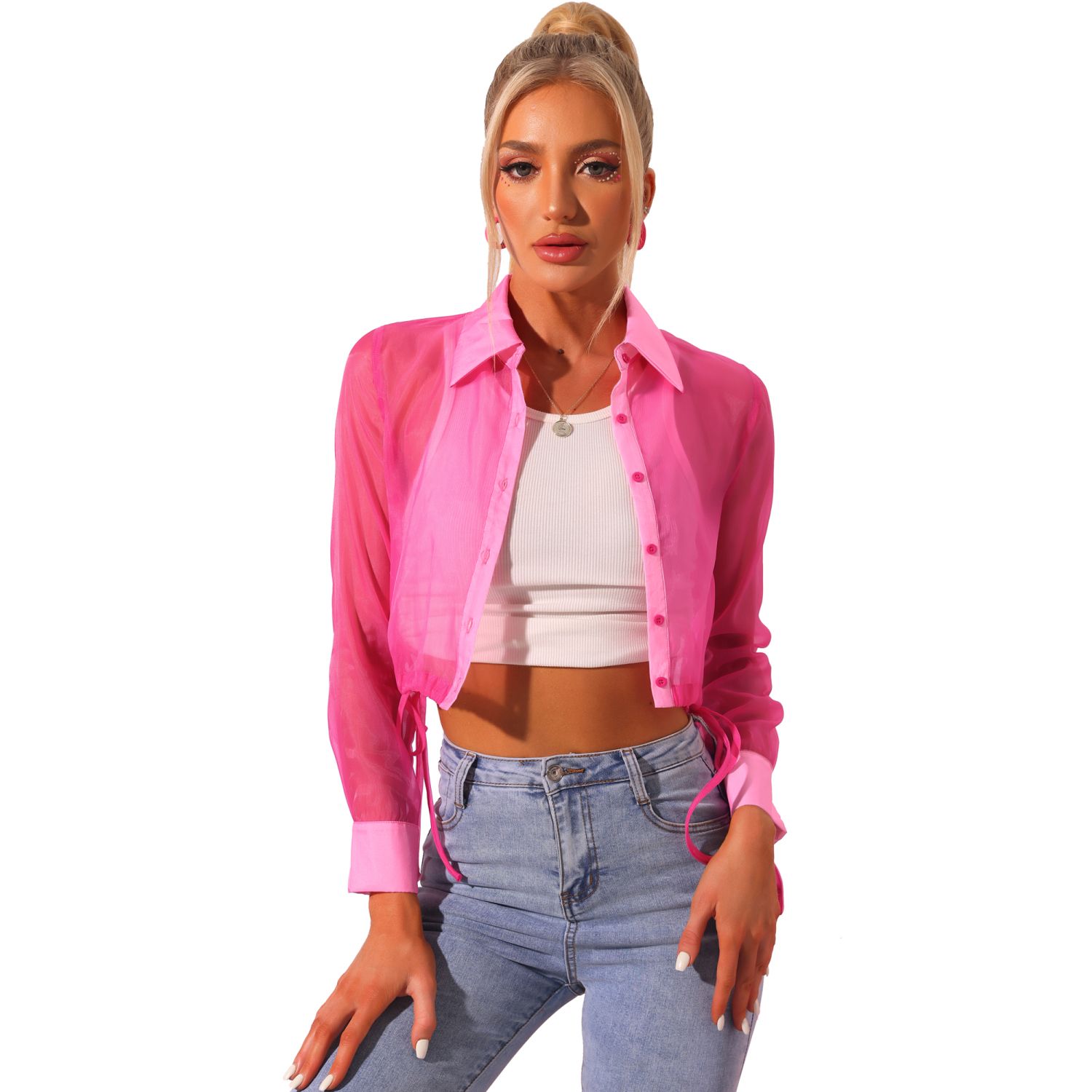 Women's See Through Top Long Sleeve Drawstring Hem Button Down