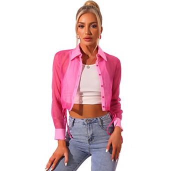 Women's See Through Top Long Sleeve Drawstring Hem Button Down Cropped Sheer Jacket
