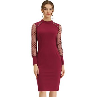 Women's Mock Neck Mesh Dots Long Sleeve Button Decor Sheath Midi Dress