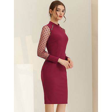 Women's Mock Neck Mesh Dots Long Sleeve Button Decor Sheath Midi Dress