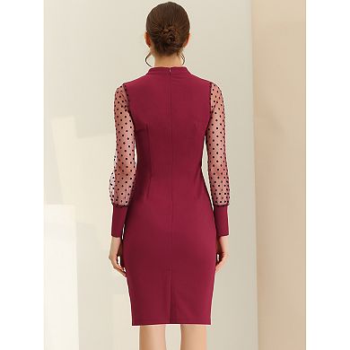 Women's Mock Neck Mesh Dots Long Sleeve Button Decor Sheath Midi Dress